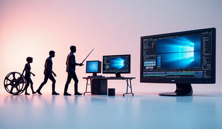 A timeline graphic showing the evolution of video editing technology, from early film editing to modern digital workstations.