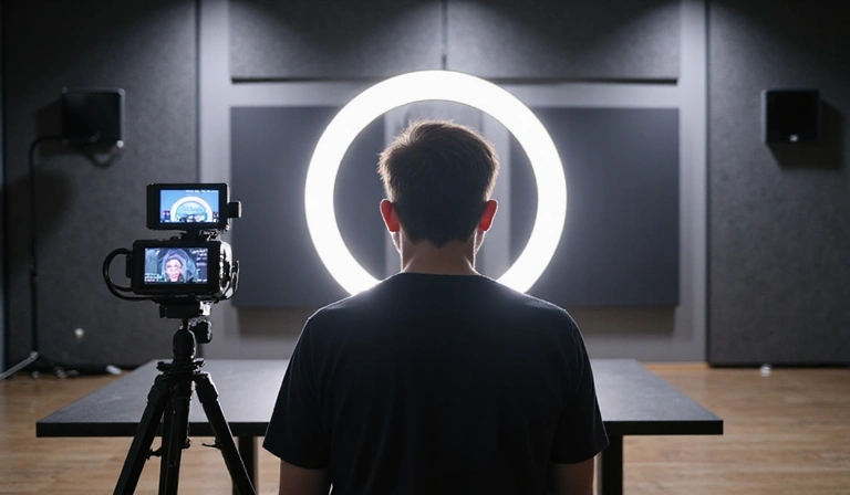 A person recording a video for YouTube with a camera and ring light, symbolizing content creation.