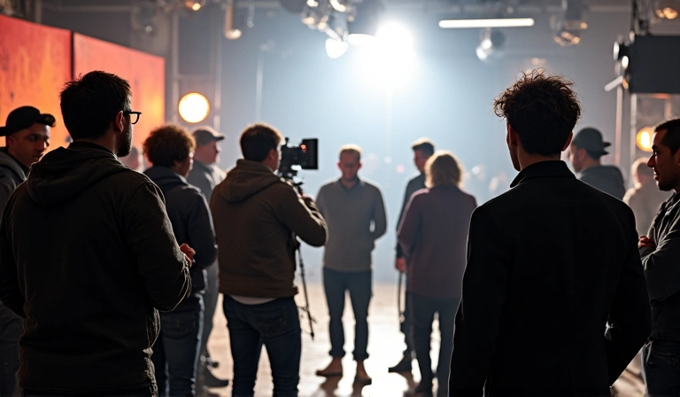A filmmaker on set directing a scene, surrounded by crew and equipment, illustrating the pre-production process.