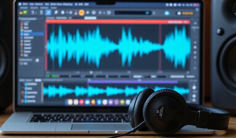 Sound waves visualized on a digital audio workstation, with a microphone and headphones in the foreground.