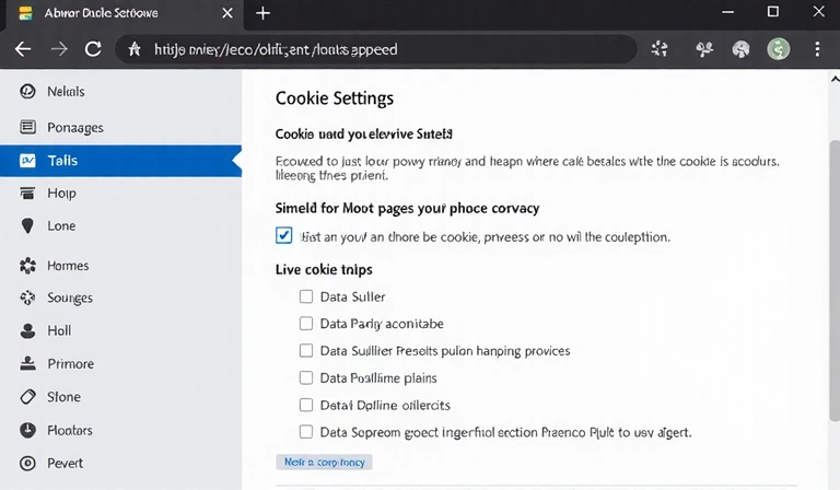 A close-up of a web browser's cookie settings, with various options for managing privacy and data collection, symbolizing digital privacy and data control.