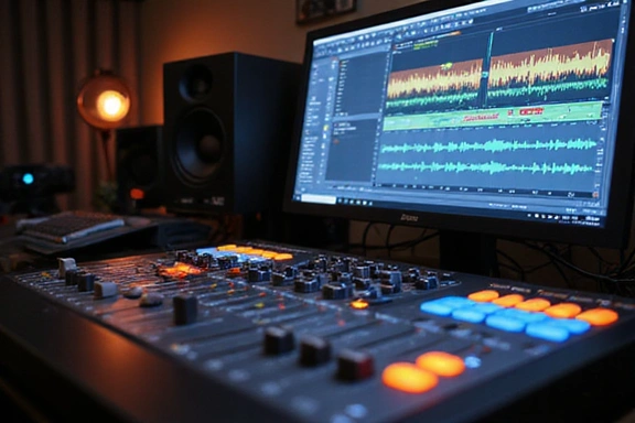 Audio mixing console and sound waves on a screen