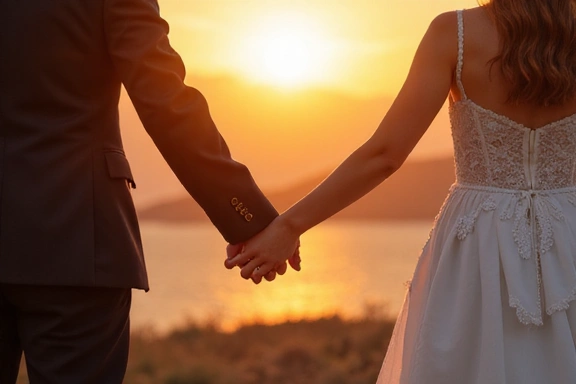 Bride and groom holding hands at sunset