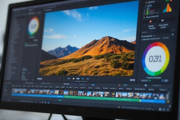 Color grading interface on a screen with a vibrant landscape