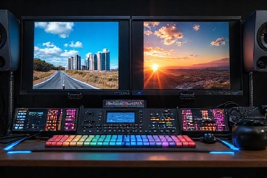 Color grading interface with vibrant color wheels