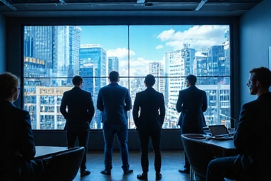 Corporate meeting with a projector displaying a graph