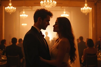 Wedding couple embracing with cinematic blur