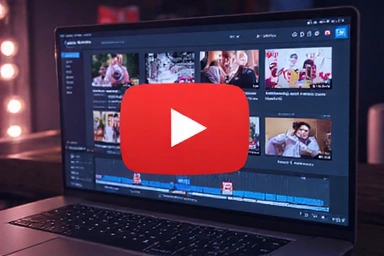 YouTube play button icon with video frames